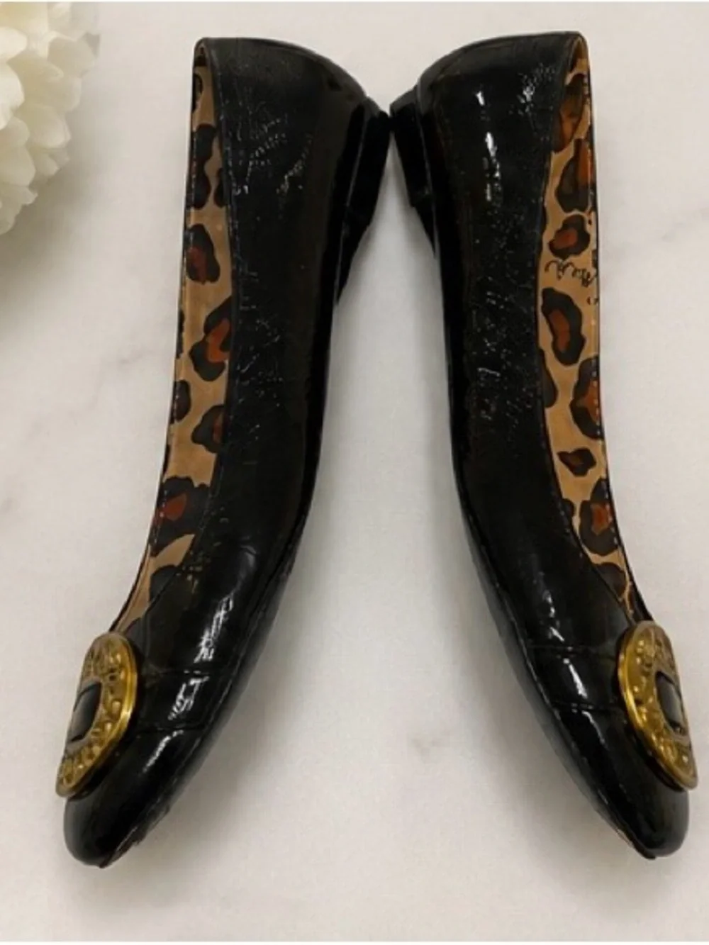 Coach Black Patent Leather Ballet Flats Gold Medallion Accent Leopard Lining